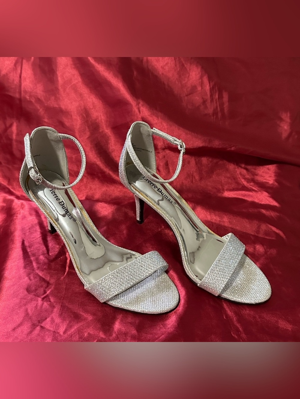 Silver Rhinestone Stiletto Heels with Ankle Straps size 7M 3” heel